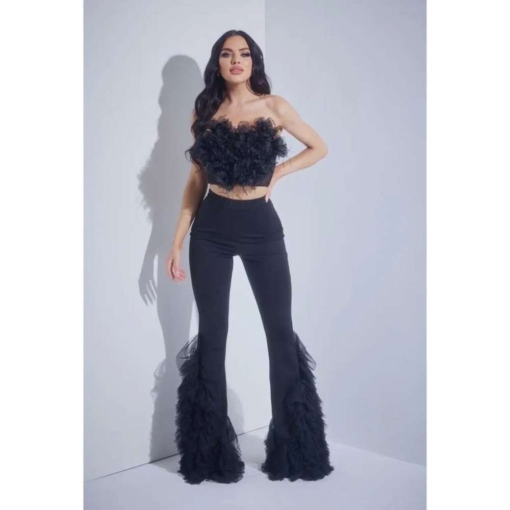 New NWTS Black Two Piece Set Feathers And Mesh Sexy Fun Bodycon Medium Stretch
